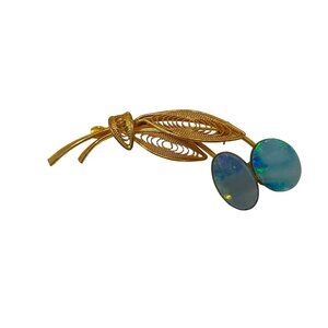 Vintage Gold Tone Filigree Blue Moonglow Thermoset Cabochon Floral MCM Brooch